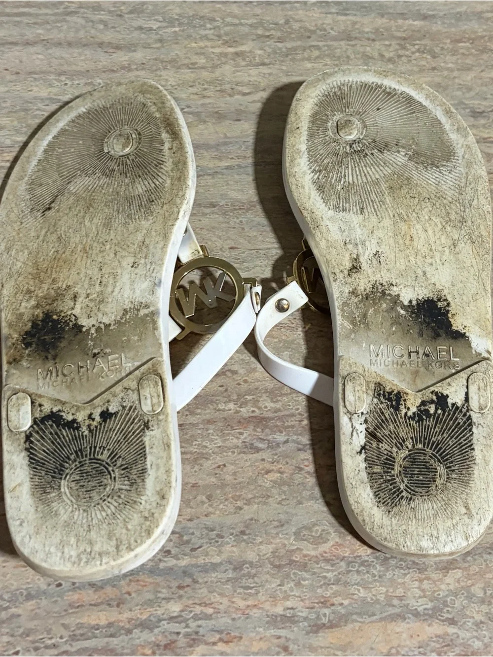 Michael Kors White and Gold Cork-Style Logo Thong Sandals